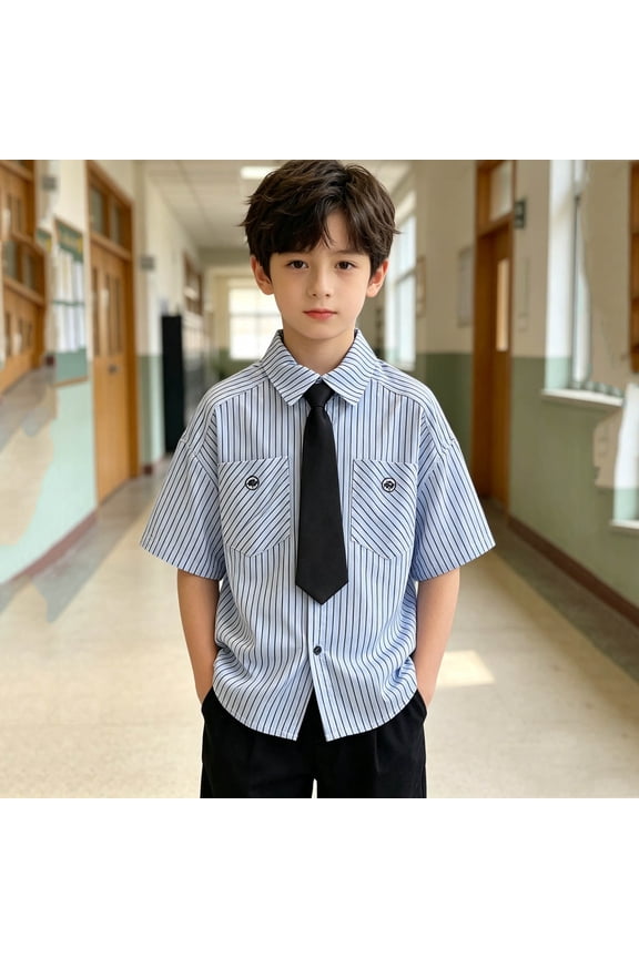 Boys Dress Shirts 2026 Summer Casual Preppy Style Trendy Striped Collared Button Down Short Sleeve T-Shirts School UniformBlouse Blue 3-4 Years