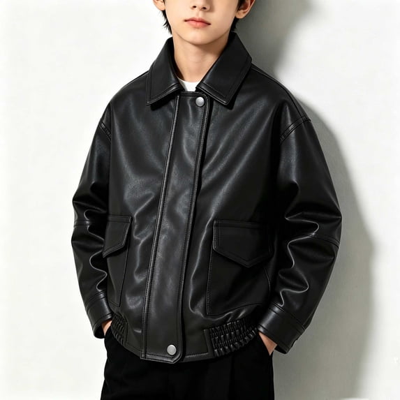 ATORRE Boys Leather Jacket 2026 Stylish Stand Collar Long Sleeve Zipper Baseball Jackets Kids Leather Jacket Fall Winter Outerwear Black A 5-6 Years