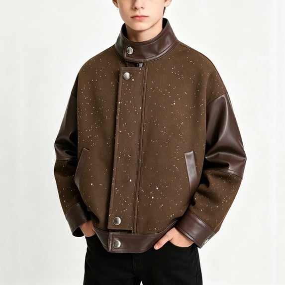 ATORRE Boys Leather Jacket 2026 Stylish Stand Collar Long Sleeve Zipper Baseball Jackets Kids Leather Jacket Fall Winter Outerwear Coffee 1-2 Years