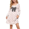 thumbnail image 1 of ATORRE Girls Bowknot Long Sleeve Dress Lightweight Cute Polka Dots Loose Crewnecke Swing Satin Dresses for Daily Fall Winter 2026 Beige 14-15 Years, 1 of 8