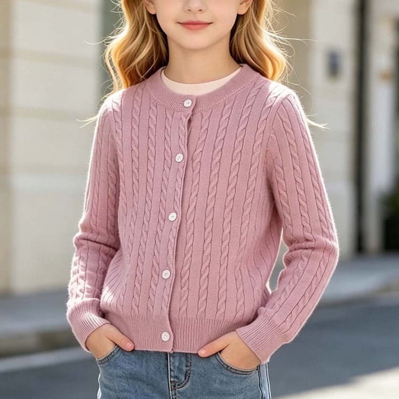 ATORRE Girls Knit Cardigan Sweaters Crew Neck Long Sleeve Button Down Preppy Style Pullover Solid Color Soft Comfort Stretchy Sweater for School Daily Party Pink 3-4 Years