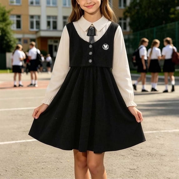 ATORRE Girls Mini Dress 2026 Stylish Plaid Turn-Down Collar Short Sleeve Flowy Dress Preppy Style Back-to-School Outfits Black A 5-6 Years