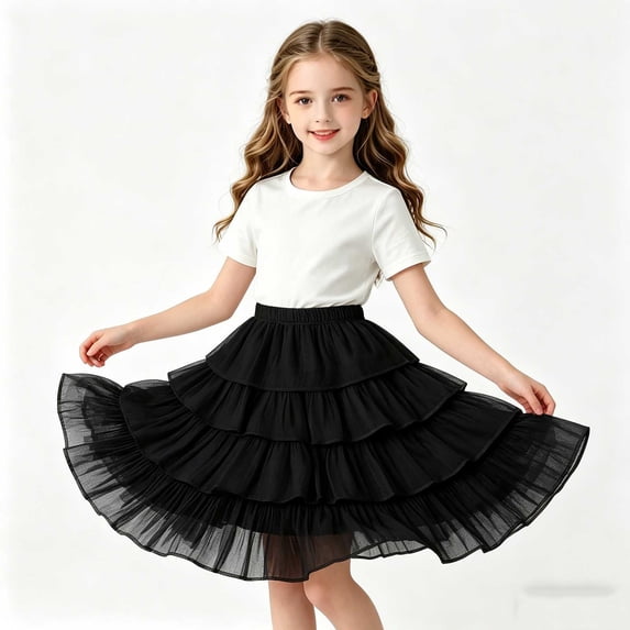 ATORRE Girls Tutu Skirt Summer Solid Color Chiffon Ruffle Tiered Tulle Party Dance Skirt Lightweight Breathable Kids Clothes Black 10-11 Years