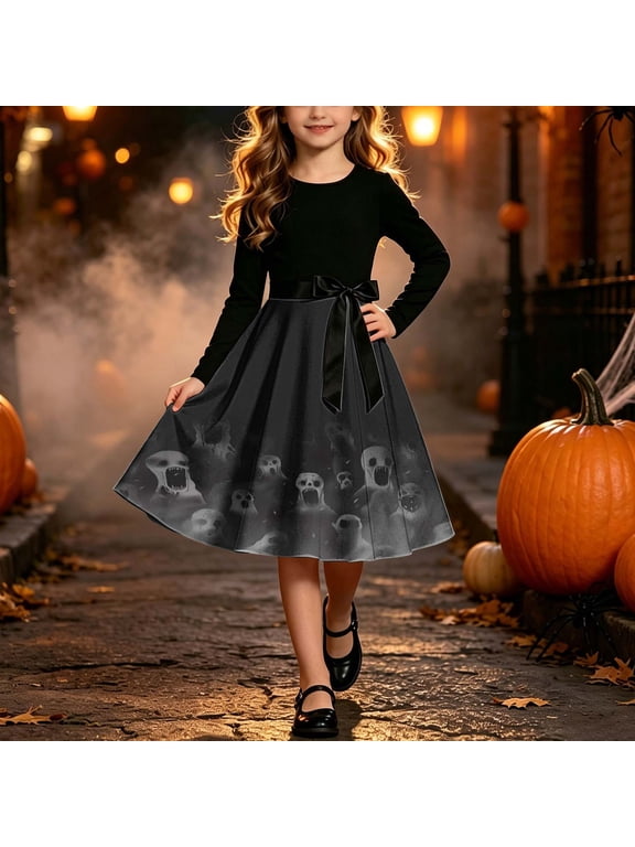 Halloween Party Dress for Girls 2026 Fall Winter Crew Neck Long Sleeve Vintage Flowy Swing Midi Dresses Soft Comfy Casual Dress with Belt Black C 9-10 Years