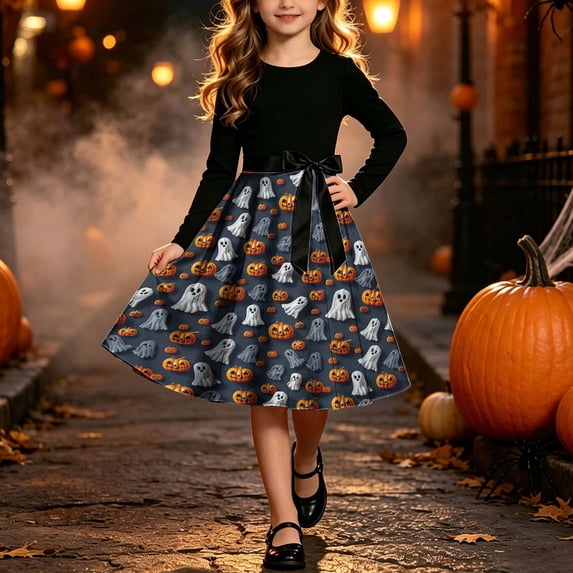 ATORRE Halloween Party Dress for Girls 2026 Fall Winter Crew Neck Long Sleeve Vintage Flowy Swing Midi Dresses Soft Comfy Casual Dress with Belt Black D 9-10 Years