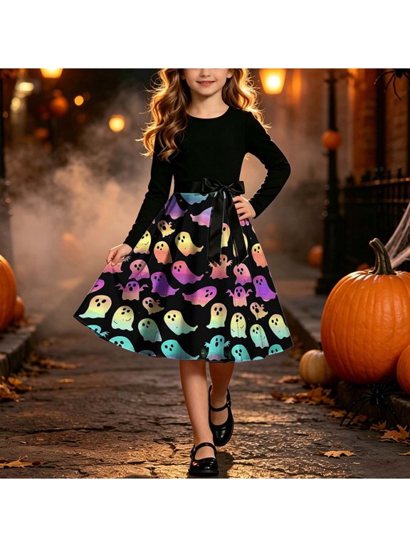 Halloween Party Dress for Girls 2026 Fall Winter Crew Neck Long Sleeve Vintage Flowy Swing Midi Dresses Soft Comfy Casual Dress with Belt Multicolor C 5-6 Years