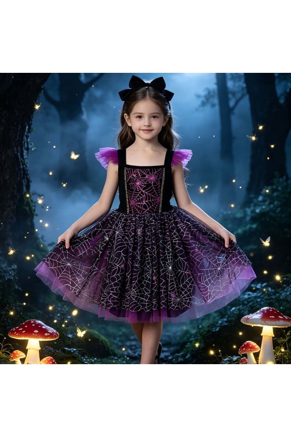 Halloween Tulle Dress for Girls Funny Spider Web Print Sleeveless Ruffle Princess Dresses Festival Cosplay Party Dress Purple 3-4 Years