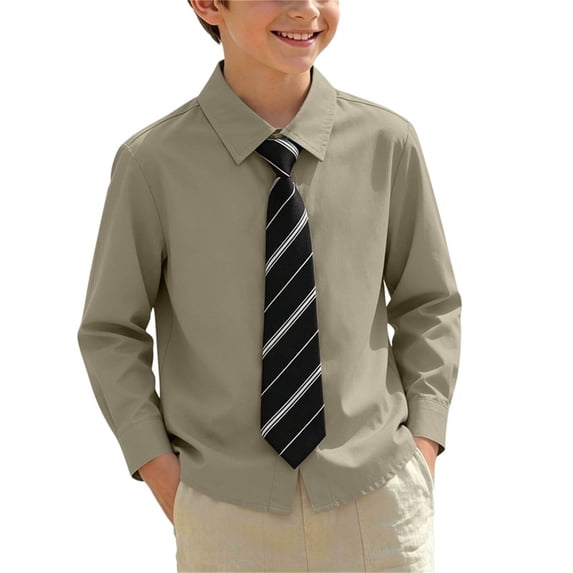 ATORRE Kids Boys Blouse Solid Color Long Sleeve Turn Down Collar Button Down Dress Shirt with Stripe Tie Khaki A 5-6 Years