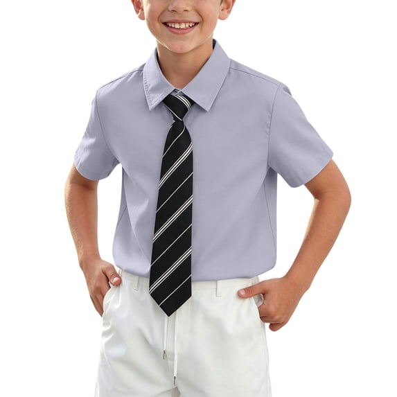ATORRE Kids Boys Blouse Solid Color Short Sleeve Turn Down Collar Button Down Dress Shirt with Stripe Tie Blue 3-4 Years
