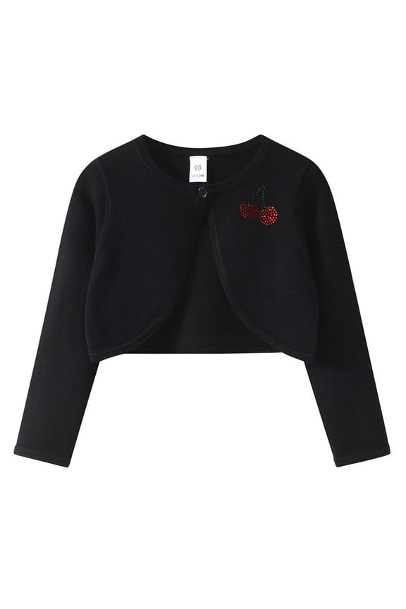 Kids Girls One Button Cardigan Fall Solid Color Cute Cherry Long Sleeve Soft Breathable Sweater Cape Knit Cardigan Jacket for Dresses Black 2-3 Years