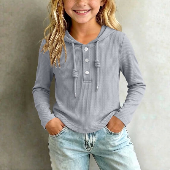 ATORRE Long Sleeve Hoodies for Girls 2026 Autumn Solid Color Ribbed Knit Cozy Pullover Shirt Lightweight Casual Button Down Shirts Back to School Outfit Gray 9-10 Years