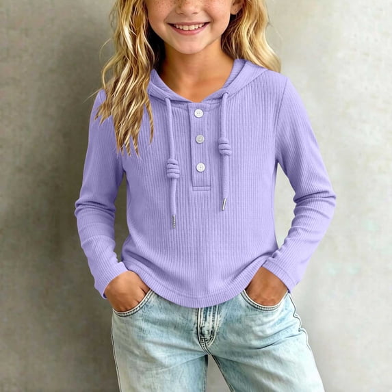 ATORRE Long Sleeve Hoodies for Girls 2026 Autumn Solid Color Ribbed Knit Cozy Pullover Shirt Lightweight Casual Button Down Shirts Back to School Outfit Purple 11-12 Years