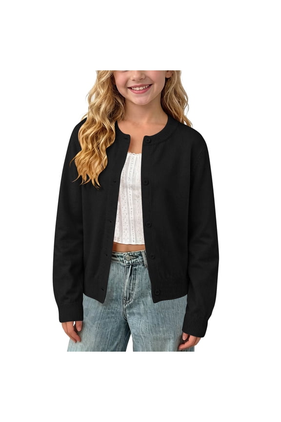 Teen Girls Cardigans Sweater 2026 Autumn Button Solid Color Long Sleeve Knit Sweaters Lightweight Preppy Casual Comfortable Jacket Black 4-5 Years