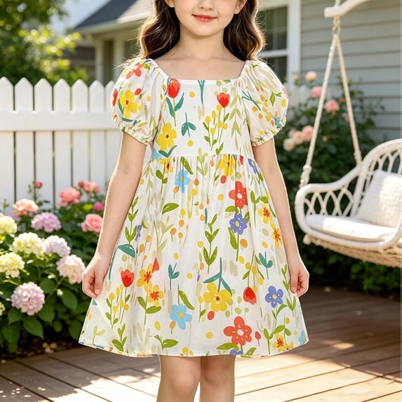 ATORRE Toddler Girls Summer Mini Dress Summer Cotton Boho Short Sleeve Flowy Beach Sundress Kids Lightweight Cute Floral Print Dresses 2026 Multicolor C 6-7 Years