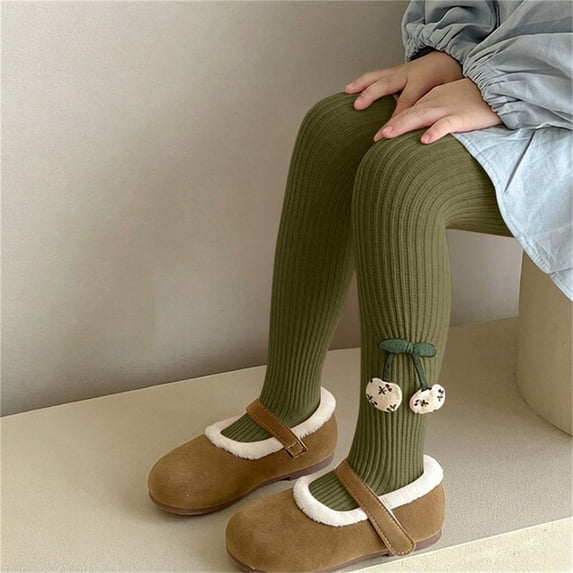 ATORRE Toddler Girls Tights Soft Stretchy Knitted Pantyhose Tights with Cherry Decoration for School Uniforms or Dresses, Autumn Winter Kids Outfits Army Green 2-3 Years