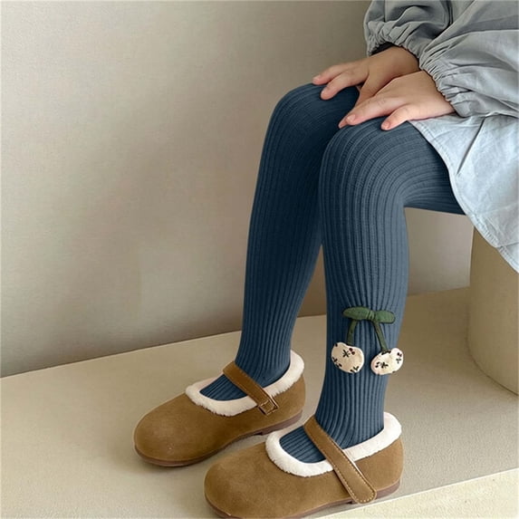 ATORRE Toddler Girls Tights Soft Stretchy Knitted Pantyhose Tights with Cherry Decoration for School Uniforms or Dresses, Autumn Winter Kids Outfits Dark Blue 3-4 Years