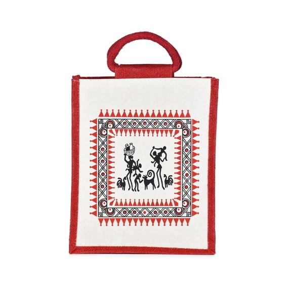 ATOTE Adivasi Warli Print Jute Tote Bag – Designer Gift Bag, 12x10x5 in, Red 3 Pcs