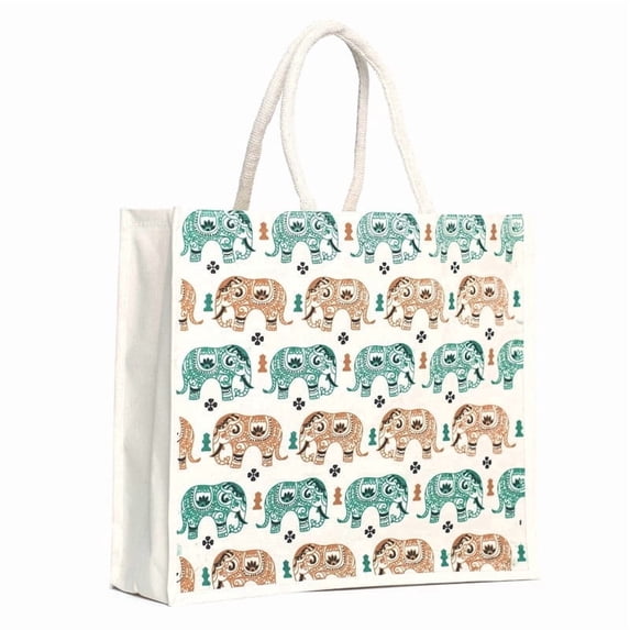 ATOTE Elephant Print Jute Bag, 14x16x5 Inch, Reusable Grocery Tote with Zipper & Handles, Eco-Friendly Gift Bag, Natural, Set of 1 Pcs