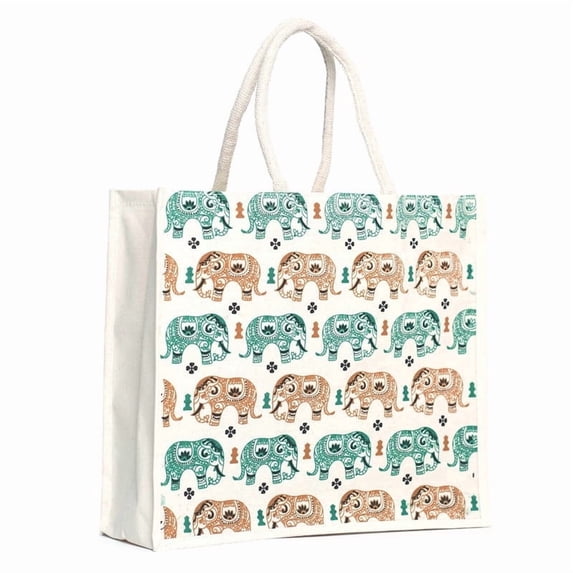 ATOTE Elephant Print Jute Bag, 14x16x5 Inch, Reusable Grocery Tote with Zipper & Handles, Eco-Friendly Gift Bag, Natural, Set of 24 Pcs