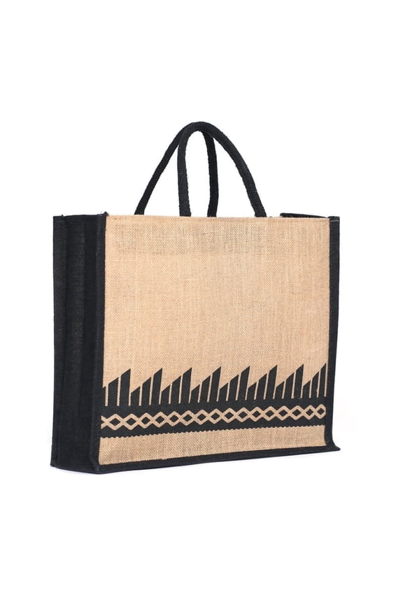 Jute Geometric Print Bag, 14x16x5 Inch, Natural & Black Reusable Grocery Tote with Zipper & Padded Handles, Set of 2 Pcs