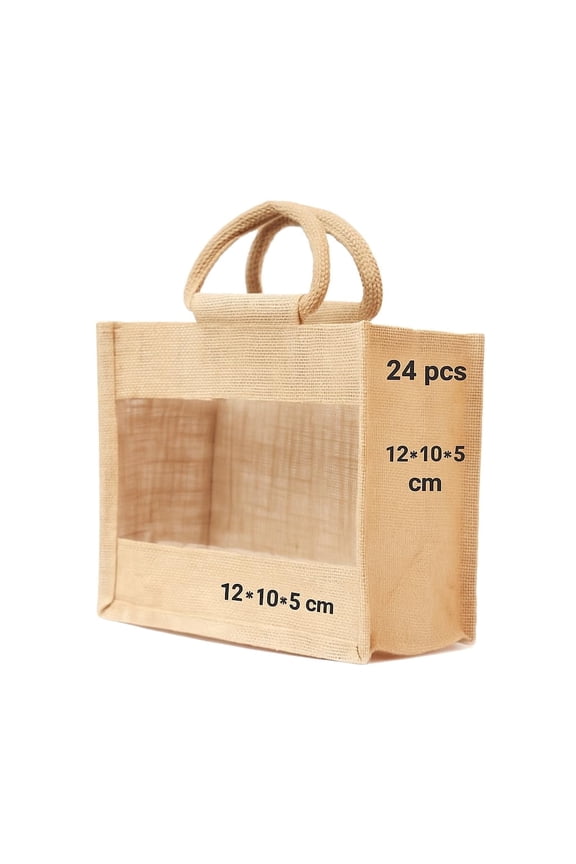 Jute Gift Hamper Bag with Window, 12x10x5 Inch, Natural Burlap Tote Bag for Wedding Return Gifts, Set of 24 Pcs