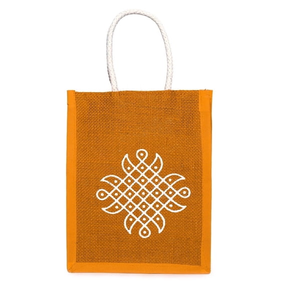 ATOTE Thamboolam Kolam Art Return Gift Bags, Multicolor Jute Bags with Zipper for Weddings, Pooja & Birthdays, Golden Yellow, Set of 5 Pcs