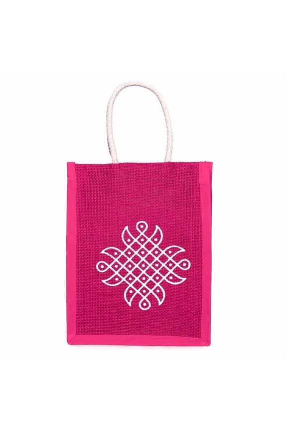 Jute Thamboolam Kolam Art Return Gift Bags, Multicolor Bags with Zipper for Weddings, Pooja & Birthdays, Magenta, Set of 10 Pcs