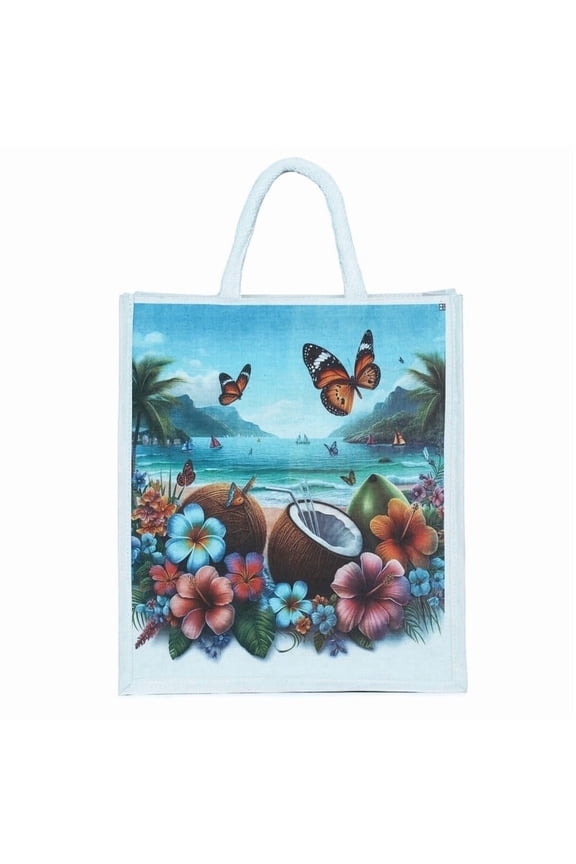 Tropical Beach Print Jute Tote Bag, 14x16x5 Inch Reusable Grocery & Travel Bag, Butterfly & Hibiscus Art Print, Set of 1 Pcs