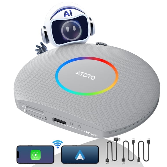 ATOTO Carplay Ai Box Gen 2 AI Smart Box 4G+64G Wireless CarPlay & Android Auto Screen Mirror Link/TF Card Silver