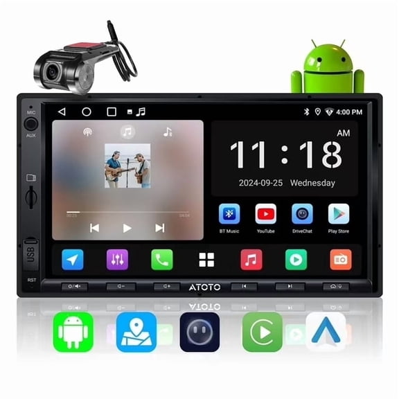 ATOTO Double DIN Car Stereo with Dash Cam,7inch Car Radio with 1080P Front DVR Cam,Wireless CarPlay & Android Auto Head Unit 24-Band EQ, WiFi/BT/USB Tethering FM/AM AI Chat Stereo (A5)