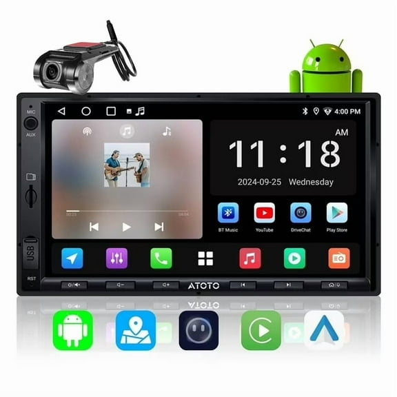 ATOTO Double DIN Car Stereo with Dash Cam,7inch Car Radio with 1080P Front DVR Cam,Wireless CarPlay & Android Auto Head Unit 24-Band EQ, WiFi/BT/USB Tethering FM/AM AI Chat Stereo (A5)