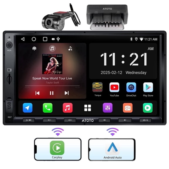 ATOTO Double Din Android Car Stereo +Dash Cam+Blutooth ODBII,7 inch Radio 2GB+32GB,A5 Wireless Carplay & Android Auto Head Unit, GPS/FM/AM,AI Chat Head Unit (A5)
