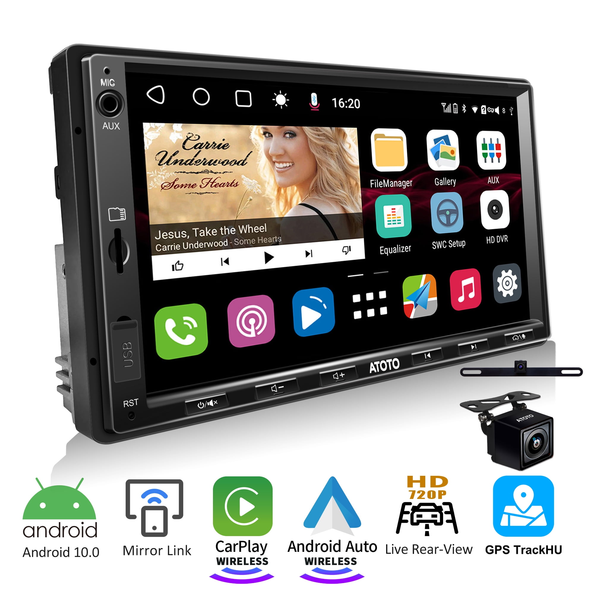 4+64G Wireless Apple Carplay Double Din Android Car Stereo with Android  Auto 10 IPS Touchscreen Bluetooth 5.0 AHD Backup Camera Car Radio Support