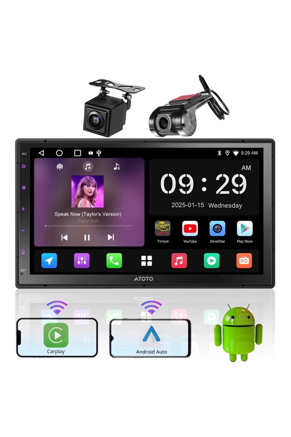 Standard Double DIN Car Stereo, 7 Inch IPS Touch Screen, Android in-Dash Navigation, Wireless CarPlay & Android Auto