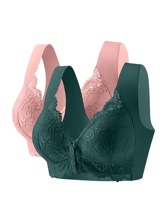 2 Pack Bras for Older Women Front Closure No Underwire Push Up Underwear Plus Size Comfortable Lace Bra (Pink,L)