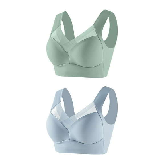 ATOYSOY 2 Pack Everyday Bra for Women Floral Lace Splicing Teens Bralette Solid Color Underwear Breathable Push Up Comfort Bra Workout Thin Lightly Wirefree Blue L