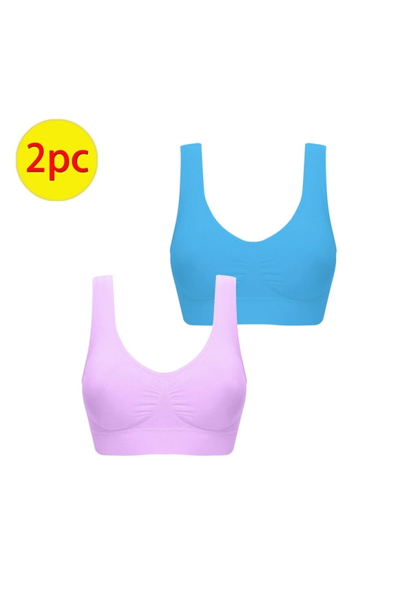 2 Pack Plus Size Sports Bra Everyday Bra Yoga Activewear Teens Bralette Underwear Workout Push Up Comfort Bra Breathable Wireless Ruched Tank Tops Light Blue L