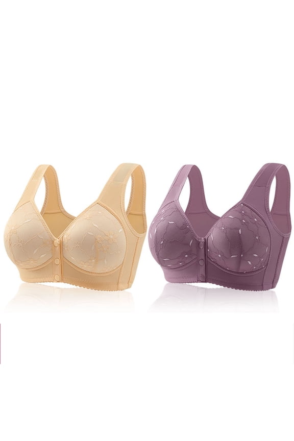 2-Pack Women No Rim Front Buckle Bra Solid Color Full Year Air Permeable Fabric Soft Lift For Daily Indoor Relaxing Multiple Colors