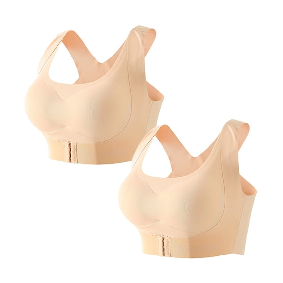 ATOYSOY 2Pc Padded Everyday Bra Wireless Racerback Breathable Push Up Underwear Workout Running Gym Yoga Thin Lightweight Girls Teens Front Closure Comfy Bra Beige