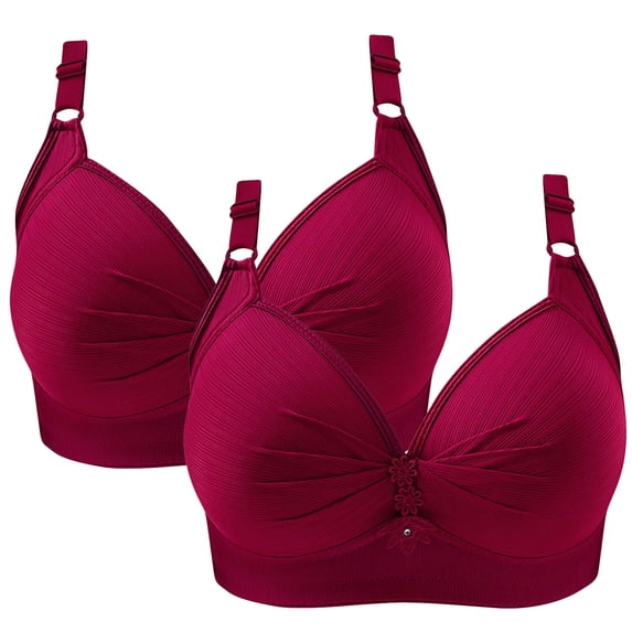 ATOYSOY 2Pc Plus Size Everyday Bra Push Up Underwear Ruched Wirefree Workout Breathable Support Full Coverage Bra Bralette Comfy Bra Girls Teens Red S