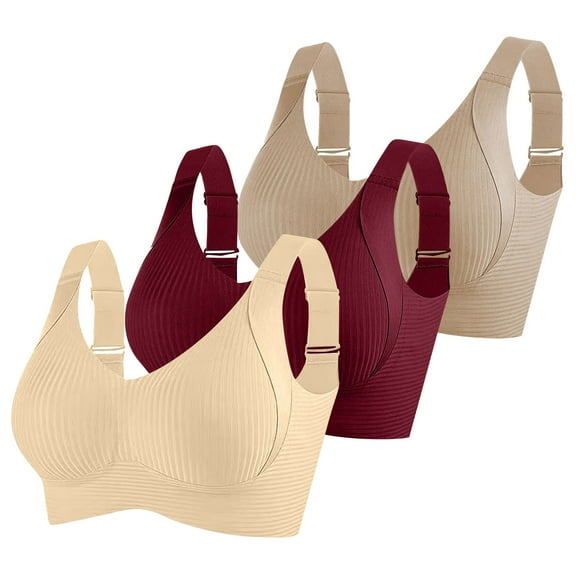 ATOYSOY 3 Pack Bras for Women Adjustable Wireless Bra Comfortable Ribbed Bralettes Seamless Push-Up Bra for Women (Beige,2XL)