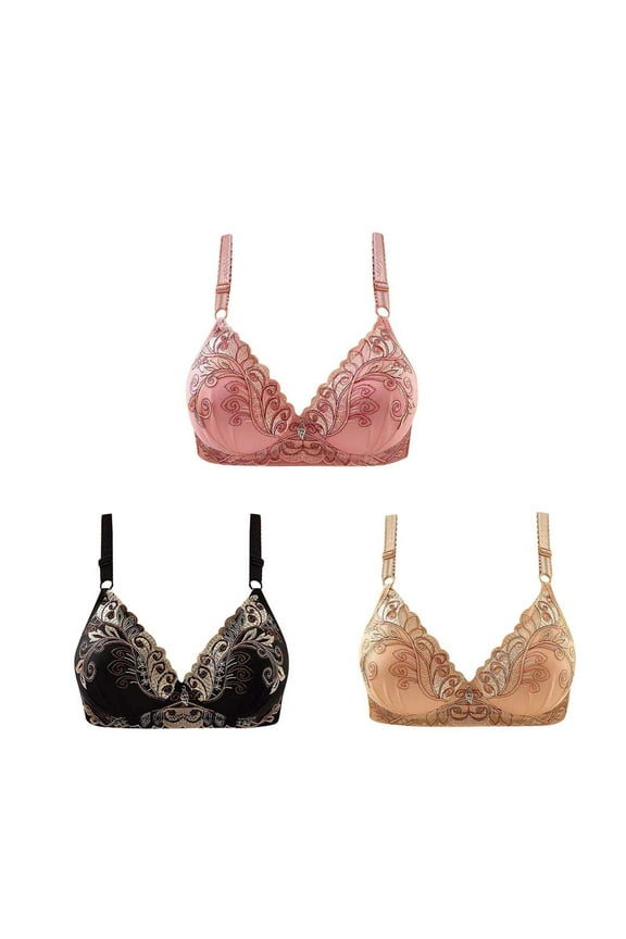 3 Pack Everyday Bra Lace Floral Embroidered Solid Color Underwear Push Up Bralette Teens Comfort Bra Breathable Workout Wireless Pink S