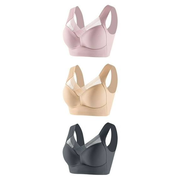 ATOYSOY 3 Pack Everyday Bra for Women Floral Lace Splicing Bralette Solid Color Underwear Workout Teens Push Up Breathable Comfort Bra Thin Lightly Wirefree Gray XL