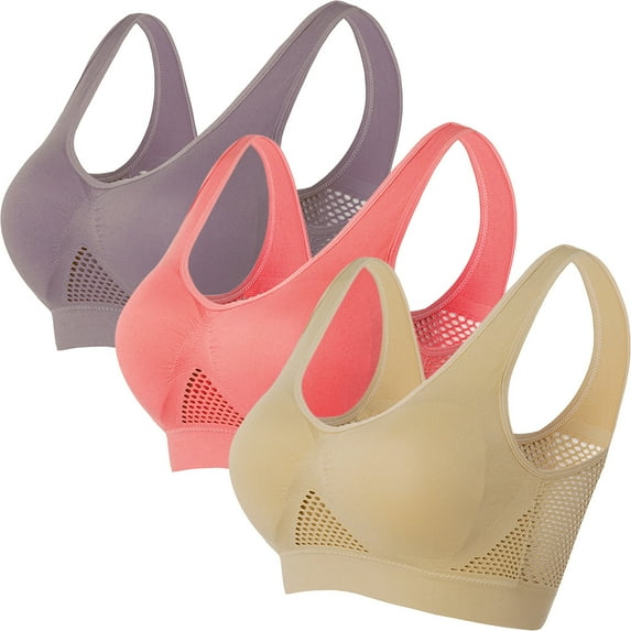 ATOYSOY 3 Pack Everyday Bra for Women Yoga Running Sports Bra Underwear Push Up Bralette Teens Breathable Comfort Bra Workout Thin Lightly Wireless Mesh Multi-color XXXL