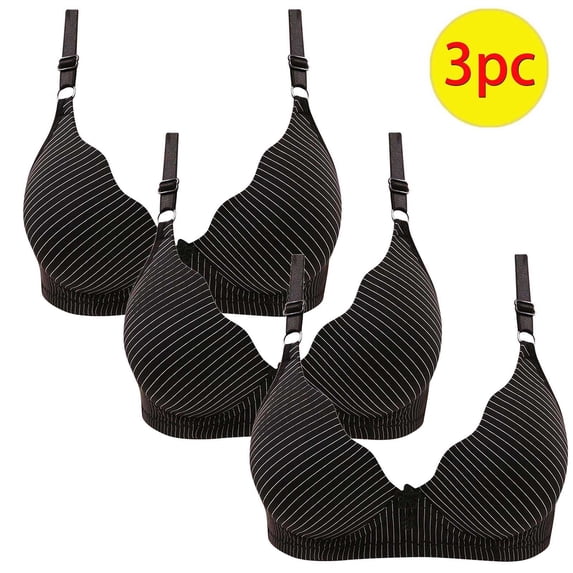 ATOYSOY 3 Pack Everyday Bra for Women Workout Push Up Bralette Solid Color Underwear Breathable Teens Comfort Bra Striped Wirefree Black L