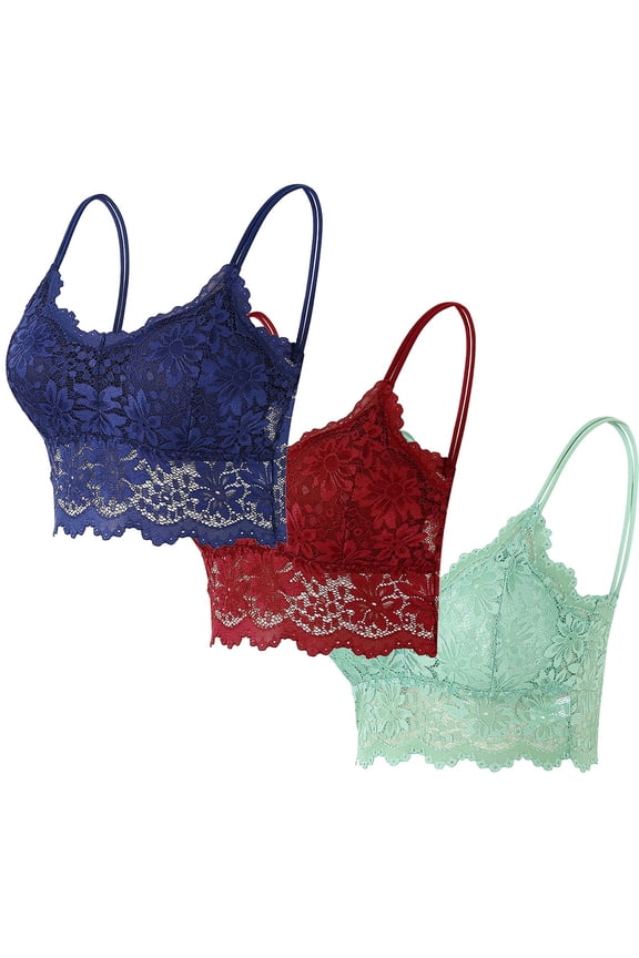 3 Pack Lace Bralette for Women Fashion Lace Camisole Bralette Top with Thin Shoulder Straps Floral Bandeau Bra Crop Top (Navy,L)