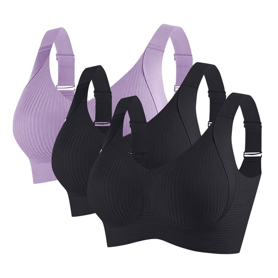 ATOYSOY 3PC Womens Bras Wireless No Underwire Push Up Bra Seamless Ribbed Solid Adjustable Straps Everyday Bra (Black,3XL)