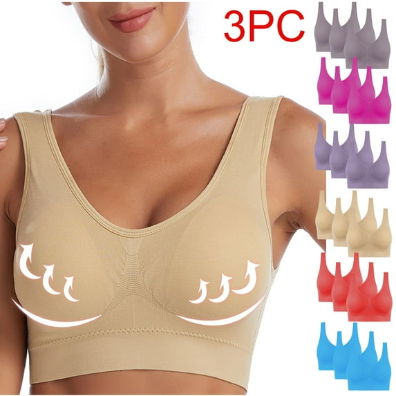 ATOYSOY 3Pc Sports Everyday Bra Breathable Push Up Underwear Wireless Seamless Padded Tank Tops Camisoles Workout Running Gym Yoga Girls Teens Smoothing Comfy Bra Beige