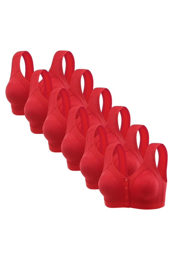 6 Pack Wireless Bras for Older Women Comfortable Breathable No Underwire Full Coverage Front Closure Senior Push Up Padded Bralettes for Lounging and Sleep (Red,M)