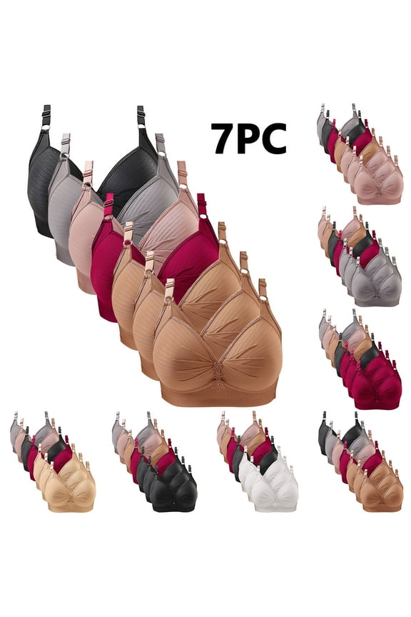 7 Pack Everyday Bra for Women Ruched Teens Bralette Solid Color Underwear Breathable Workout Push Up Comfort Bra Wirefree Beige 40/90